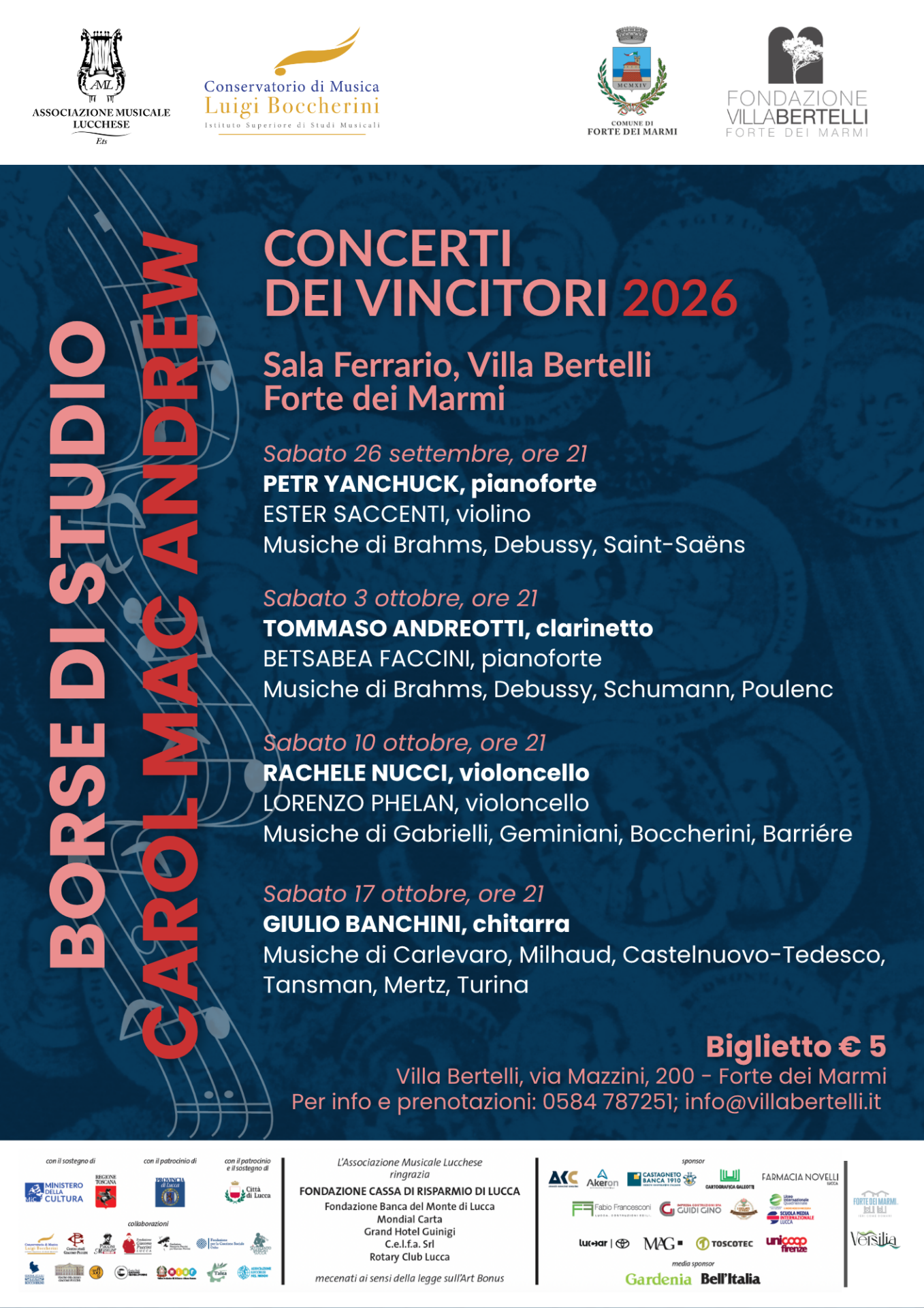 ASSOCIAZIONE MUSICALE LUCCHESE, I TALENTI DEL “BOCCHERINI” IN CONCERTO A VILLA BERTELLI CON LE BORSE DI STUDIO “CAROL MAC ANDREW”